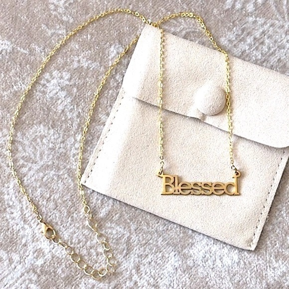 Brand New “Blessed” Gold Tone Word Necklace w/ Pouch - Picture 13 of 13